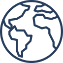 Globe outline in blue, line art